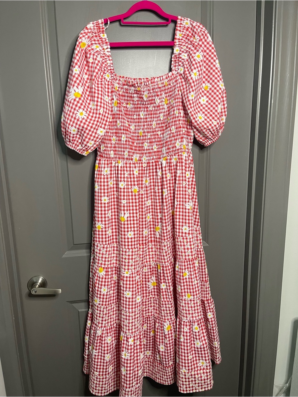 Red Gingham Maxi Dress with Daisy Print - Picture 4 of 10
